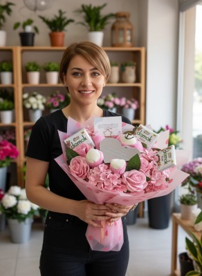 Pembe Gul Ortanca Buketi Pembe Gul Ortanca Buketi